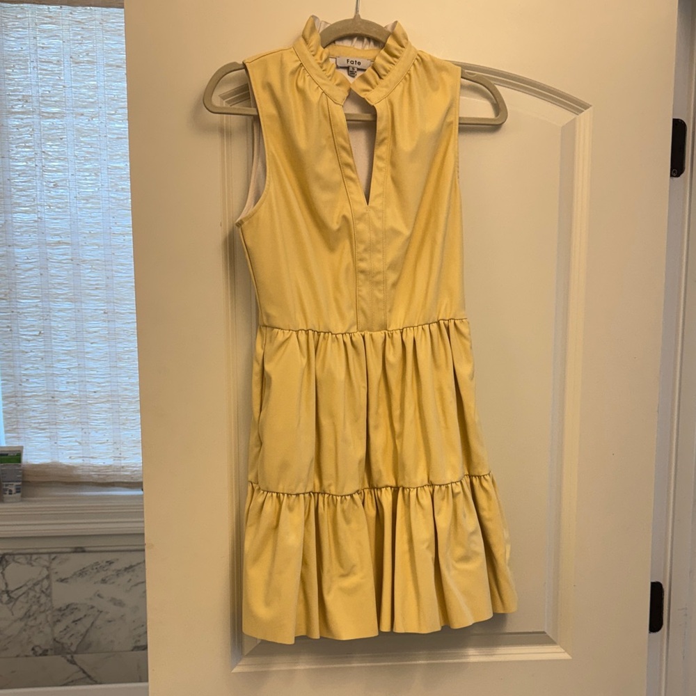Fate- women's Sleeveless Yellow Tiered Ruffle Neck Dress- leather